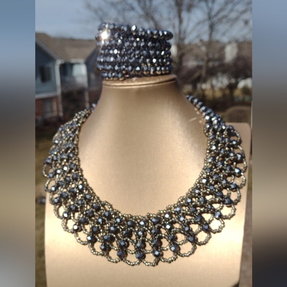 Silver Net Crystal Glass Beads Necklace Sets